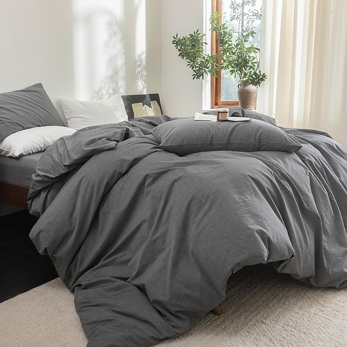FOSSA Duvet Cover Set 100% Washed Cotton Linen Feel Super Soft Breathable Cozy 3 Pieces Bedding Sets Solid Dark Grey Full/Double