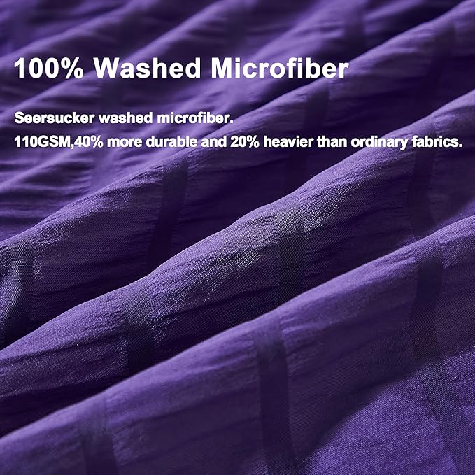 AveLom Dark Purple Duvet Cover King(104 x 90 inches), 3 Pieces (1 Duvet Cover, 2 Pillow Cases), Seersucker Striped Soft Washed Microfiber Textured Duvet Cover Set with Zipper Closure, Corner Ties