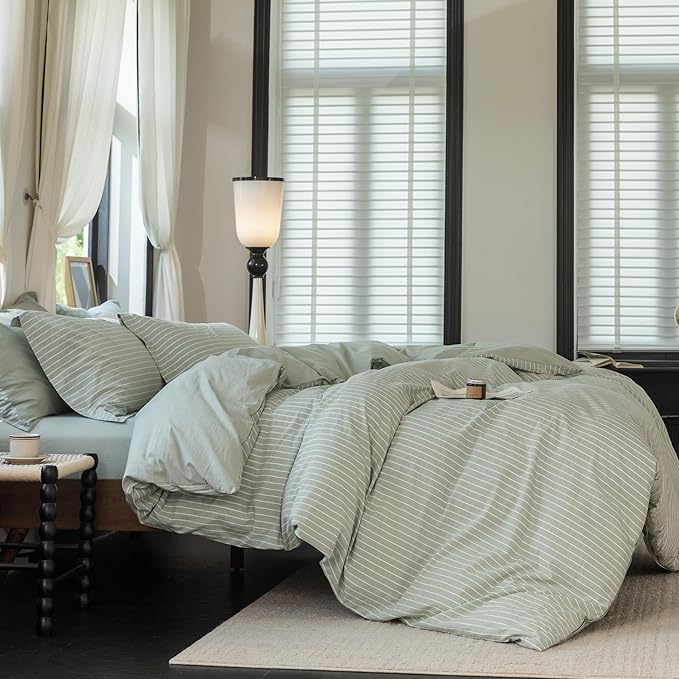 Reversible Duvet Cover Set 100% Washed Cotton Green Stripe Linen Feel Duvet Cover King Size with Zipper Closure & 2 Pillow Shams,Celadon Green/White Stripe Reverse Solid Celadon Green