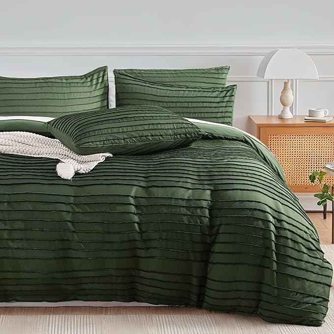 NEXHOME PRO California King Duvet Cover, Blue 3 Pieces Boho Tufted Duvet Cover Set, Soft and Lightweight Microfiber Comforter Cover Set (Forest Green,104 x 98)-No Comforter