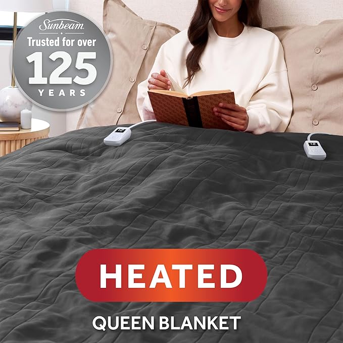 Sunbeam Electric Royal Luxe Microplush Heated Blanket, 12 Heat Settings, 12-Hour Auto Shut-Off, Fast Heating, Warm & Cozy, Machine Washable, Night Fog Color, Queen (90" x 84")
