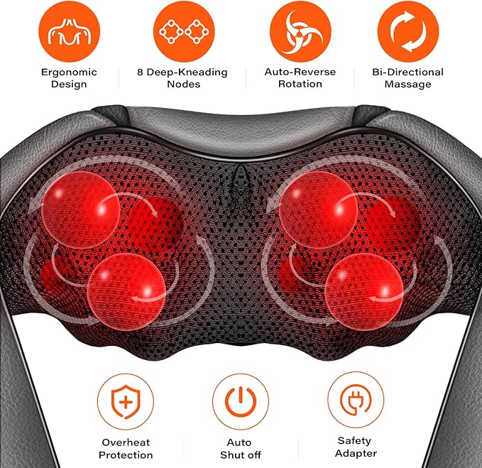 Shiatsu Neck Massager, Electric Neck and Back Massager with Heat, 3D Kneading Massage Pillow for Neck, Back, Shoulder, Muscle Pain Relief, Office & Home & Car Use, Fits for Parents (Gray-Button)