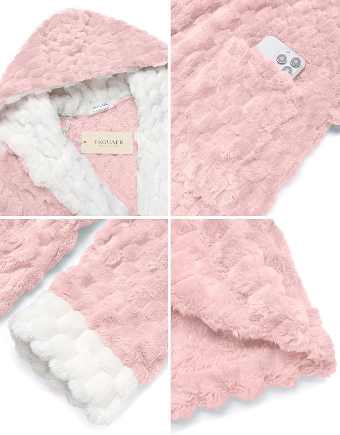 Ekouaer Womens Plush Robes Long Soft Jacquard Fluffy Bathrobe Hooded Robe Sleepwear with Pockets