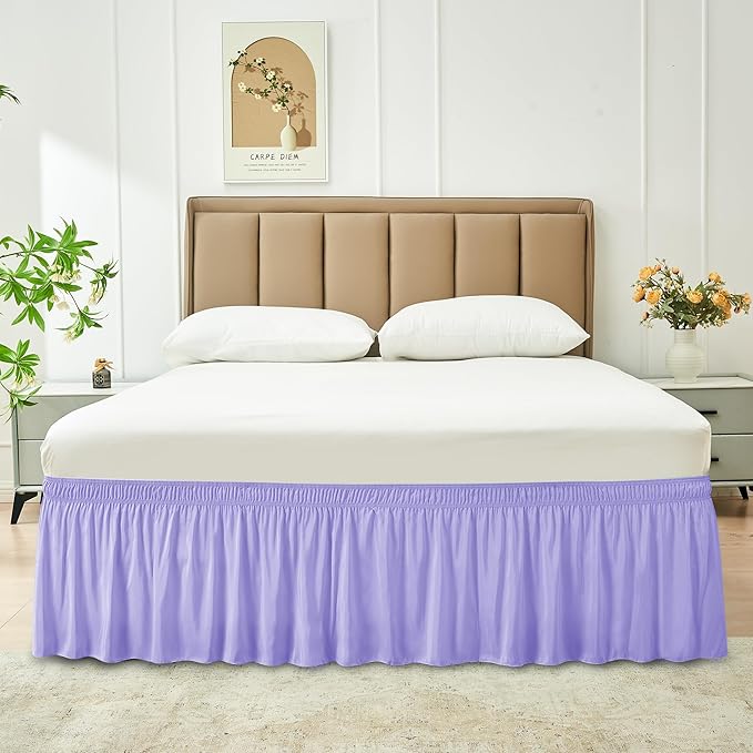 Biscaynebay Wrap Around Bed Skirts for King & Cal King Beds 18" Drop, Lavender Adjustable Elastic Dust Ruffles Easy Fit Wrinkle Resistant Silky Luxurious Fabric Machine Washable