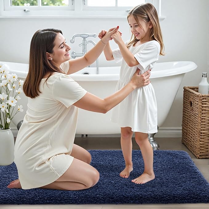 Navy Bathroom Rug 20x32 Non Slip Fluffy Bath Mat for Bathroom Floor Washable Plush Luxury Bath Rug for Tub Soft Shaggy Absorbent Shower Sink Mat