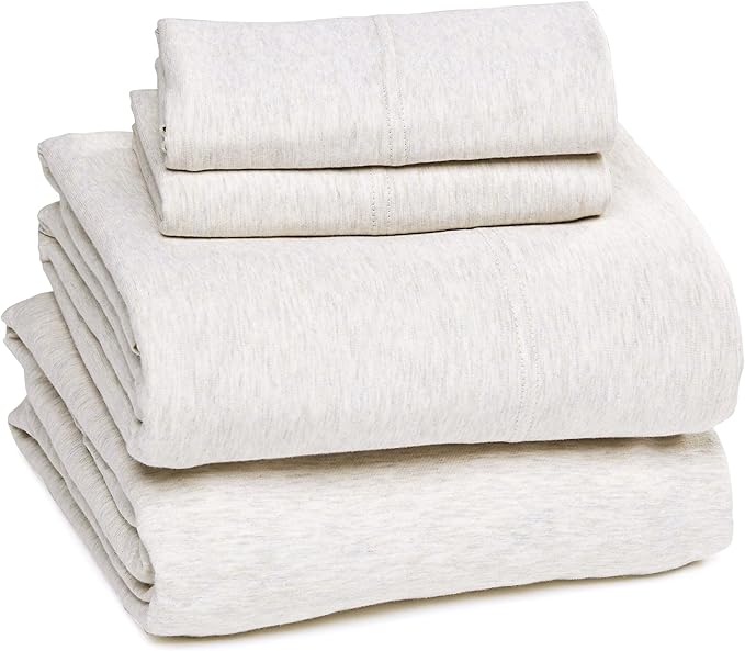 Amazon Basics 4 Piece Bed Sheets Set, 100% Cotton Jersey, Includes Super Soft, Flat and Fitted Sheets, Pillowcase, King, Oatmeal, Solid