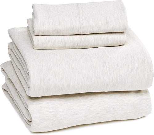 Amazon Basics 4 Piece Bed Sheets Set, 100% Cotton Jersey, Includes Super Soft, Flat and Fitted Sheets, Pillowcase, King, Oatmeal, Solid