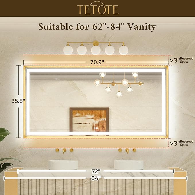 TETOTE 72 x 36 Large Bathroom Mirror Brushed Gold Metal Frame Frontlit & Backlit Vanity Mirror 3 Colors White/Warm/Natural Stepless Dimmable Anti-Fog Bathroom Mirrors for Vanity Wall-Mounted