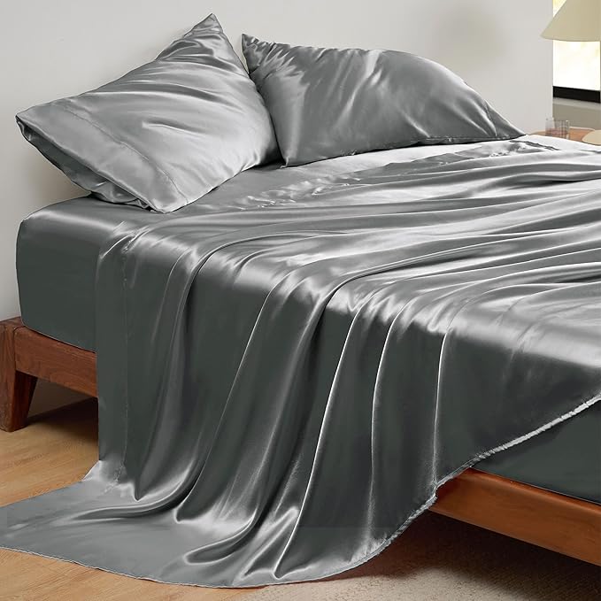 Bedsure Satin Sheets Full Size - 4 Piece Silky Bedsheets with 15 Inches Deep Pocket Fitted Bedsheet,1 Flat Sheet, 2 Satin Pillowcases, Good for Hair & Skin (Full, Dark Grey)