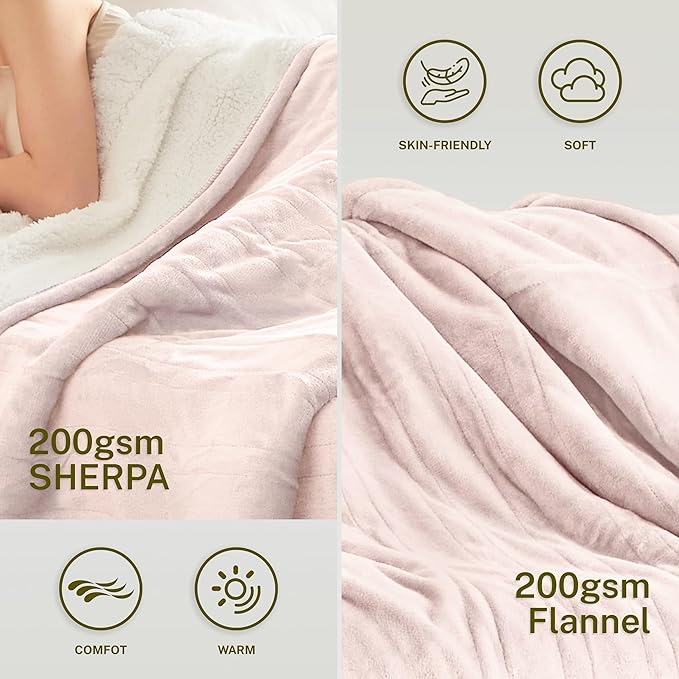 Heat Blanket 50”x60” Throw,Soft Flannel & Sherpa Reversible Electric Blanket with 10 Heat Settings,12 Timer Setting and 3 Hours Auto-Shut Off,ETL Certified Machine Washable,Pink