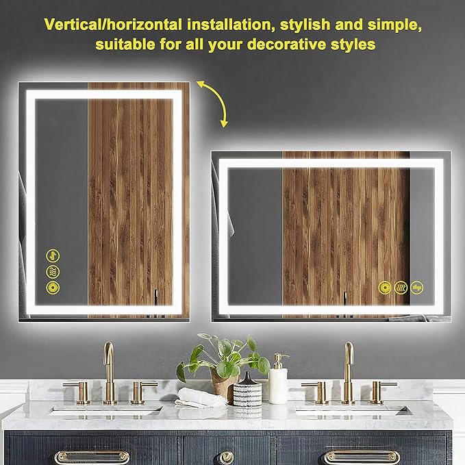 Wall-Mounted LED Square Bathroom Mirror, Makeup Mirror (36 inches x 24 inches,) 3 Color Stepless Dimmable Memory Bathroom Vanity Mirror with Lights CRI90+ 3000-6400K Smart Mirror with Touch