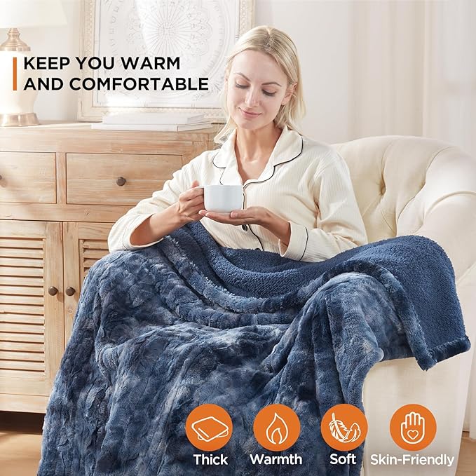 Westinghouse Electric Heated Throw Blanket, Faux Fur with 6 Heating Levels & Auto Off, Soft Cozy Sherpa Washable Blanket (50" x 60", Indigo)