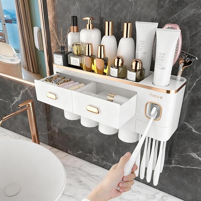 iHave Toothbrush Holders for Bathrooms - Upgrade Wall Mounted Toothbrush Holder with Toothpaste Dispenser - 4 Cups