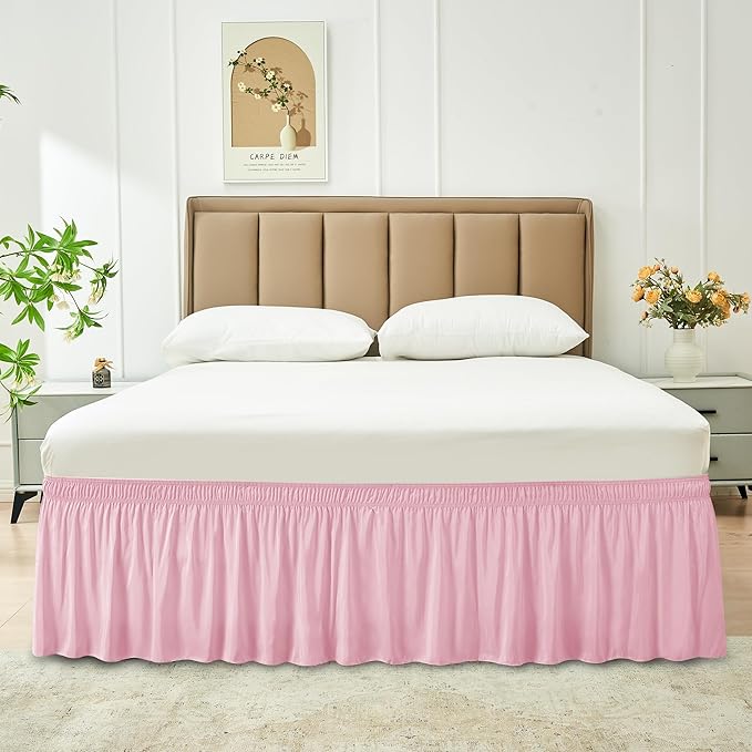 Biscaynebay Wrap Around Bed Skirts for Queen Beds 15" Drop, Pink Adjustable Elastic Dust Ruffles Easy Fit Wrinkle & Fade Resistant Silky Luxurious Fabric Machine Washable