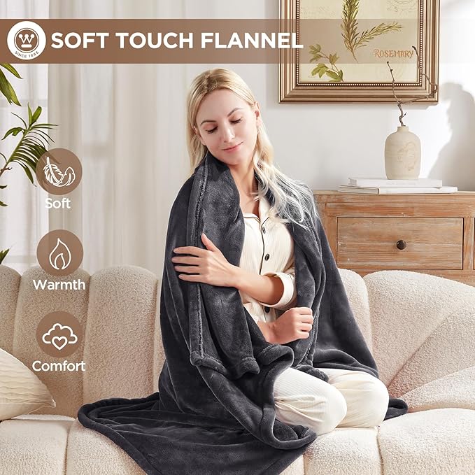 Westinghouse Heated Blanket Throw, Electric Throw with 6 Heating Levels, 2-10 Hours Time Settings, Overheat Protection, Machine Washable, Flannel (Throw, 50x60 Inches, Charcoal)
