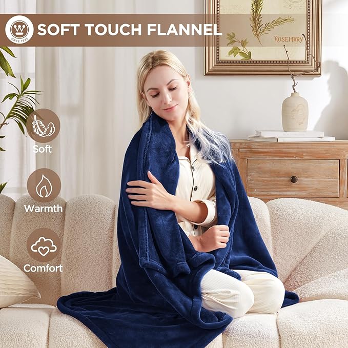 Westinghouse Heated Blanket Throw, Electric Throw with 6 Heating Levels, 2-10 Hours Time Settings, Overheat Protection, Machine Washable, Flannel (Throw, 50x60 Inches, Navy Blue)