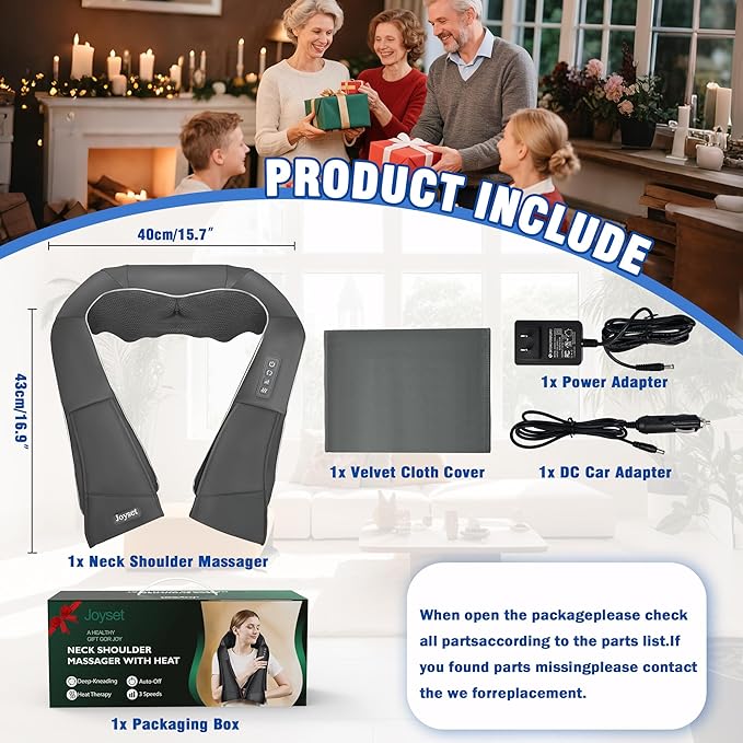 Joyset Shiatsu Neck and Back Massager with Heat,Electric Shoulder Massager for Pain Relief Deep Tissue,3D Kneading Massage with Cloth Cover Easy to Clean Best Gift for Men Women Parents (Gray)