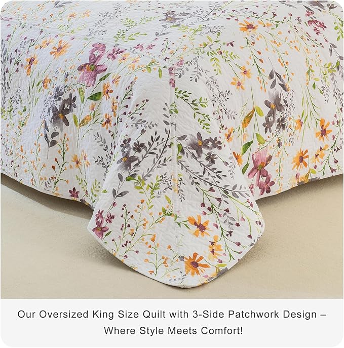Lady Ann Oversized King Bedspreads for Extra Bed 128x120, Wild Floral Printed Quilt Set 100% Cotton Yellow Flower Botanical Pattern Bedding, Vintage Coverlet with Pillow Shams for All Season, 3 PCS