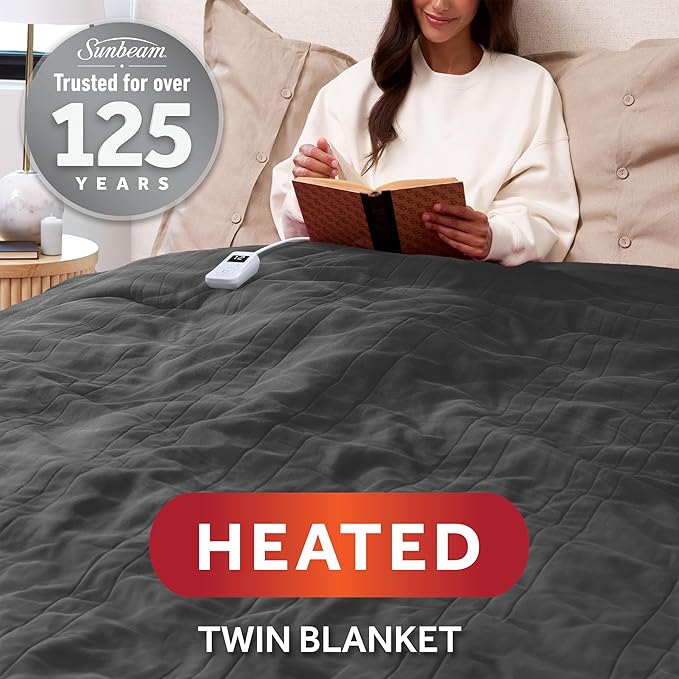 Sunbeam Electric Royal Luxe Microplush Heated Blanket, 12 Heat Settings, 12-Hour Auto Shut-Off, Fast Heating, Warm & Cozy, Machine Washable, Night Fog Color, Twin (84" x 62")