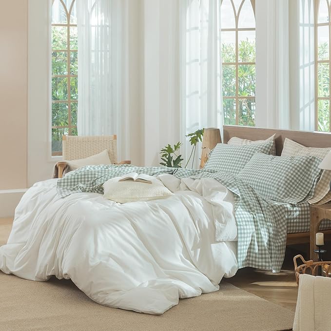 MooMee Gingham Sheet Set 100% Washed Cotton Linen Like Textured Breathable Soft w/Fully Elasticized 16-19" Deep Pocket (Classic Gingham Sage Green, Queen)