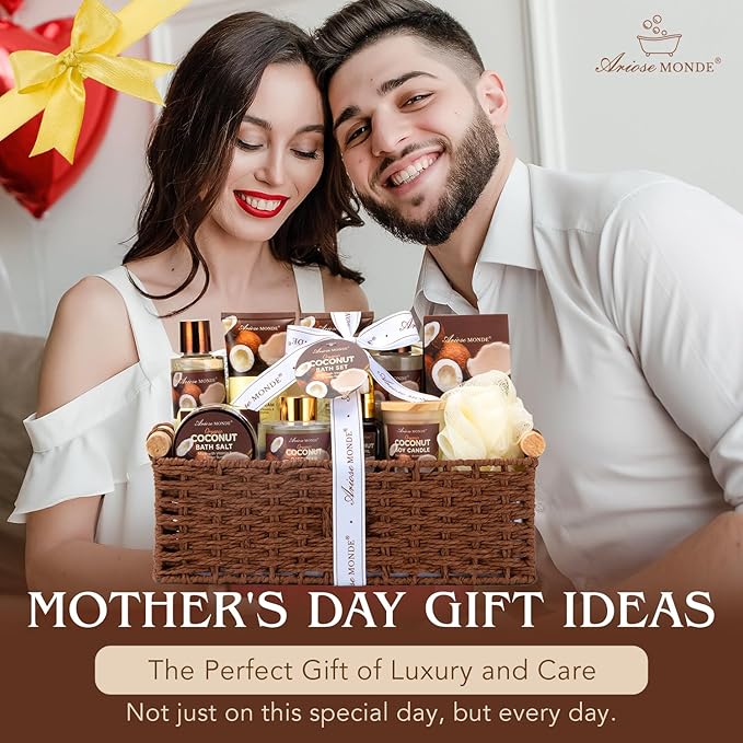 Spa Gift Basket for Women, Coconut Luxury Gift Set with Shower Gel, Bubble Bath, Hand Cream, Bath Soap, Bath Salt, Essential Oil, Luxury Bath and Body Gift Kit for Christmas