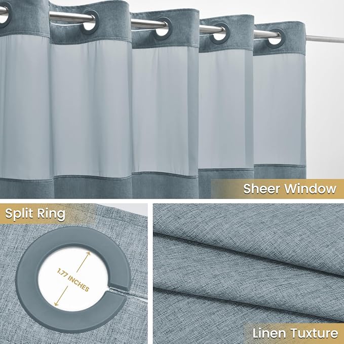 No Hook Dusty Blue Shower Curtain and Liner, Linen-Look Polyester Textured Shower Curtain with Snap in Liner, Waterproof & Washable Bath Curtains for Bathroom, 71Wx74H