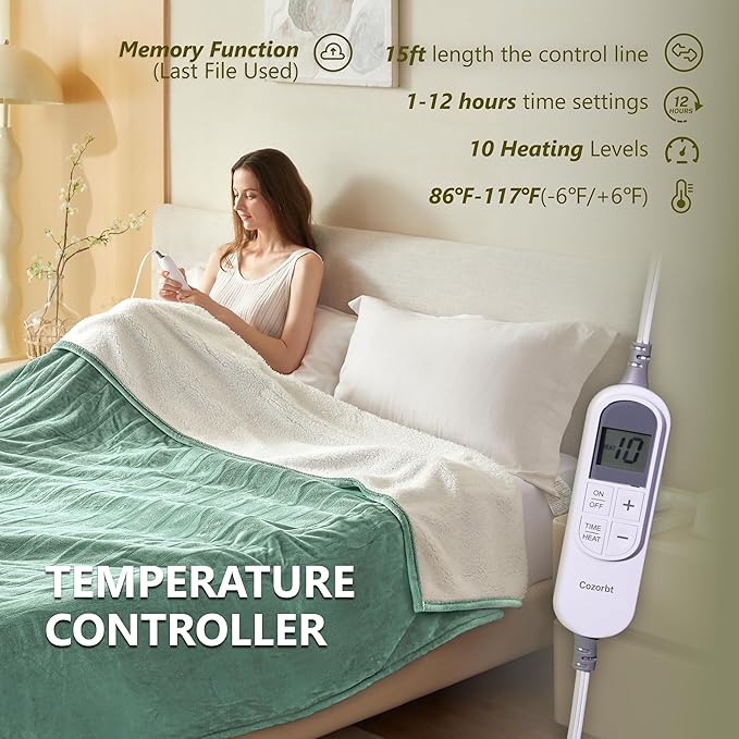 Heat Blanket 62”x84” Twin Size,Soft Flannel & Sherpa Reversible Electric Blanket with 10 Heat Settings,12 Timer Setting and 8 Hours Auto-Shut Off,ETL Certified Machine Washable,Green