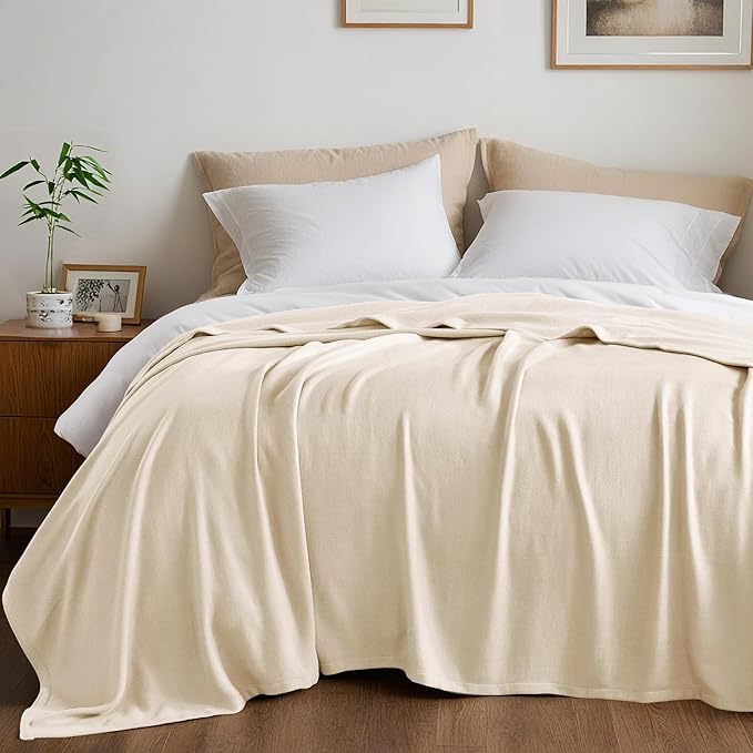 King Size Blanket, 70% Rayon (Derived from Bamboo) and 30% Cotton, Lightweight Jacquard Weave, Breathable and Soft Summer Blanket for Bed or Couch, 108” x 90”, Ivory