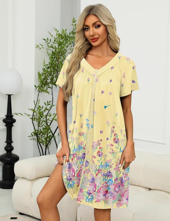 Ekouaer Women Robe Zipper Front Mumu Duster Robes Zip Up Housecoat Soft Sleepwear with Pockets S-3XL