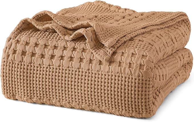 PHF 100% Cotton Waffle Weave Blanket Queen Size for Bed, Soft Lightweight & Breathable, All-Season Comfort, Luxury Aesthetic Woven Bedding for Home Decor, 90"x90", Clay