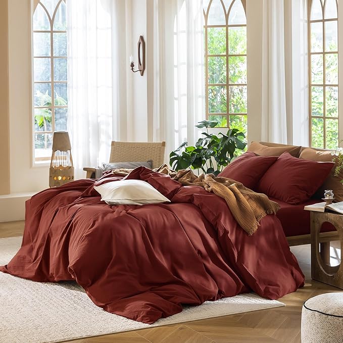 MooMee Bedding Duvet Cover Set 100% Washed Cotton Linen Like Textured Breathable Durable Soft Comfy (Solid Fired Brick Red, Twin 68"x90")