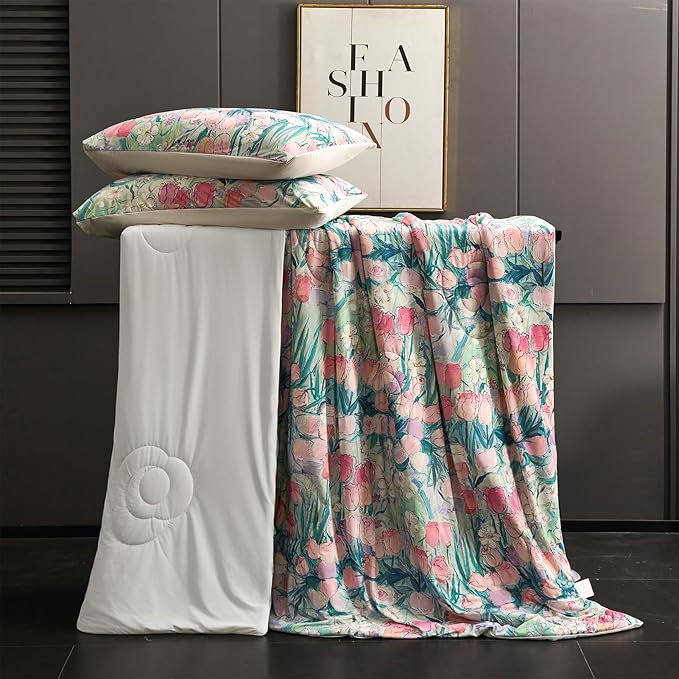 Cyusri Floral Print Cooling Comforter Set 3Pcs Breathable Cool Queen Size Bedding Set with 2 Pillowcases Pink Tulip Pattern Silky Cold Quilt, 90"x90"