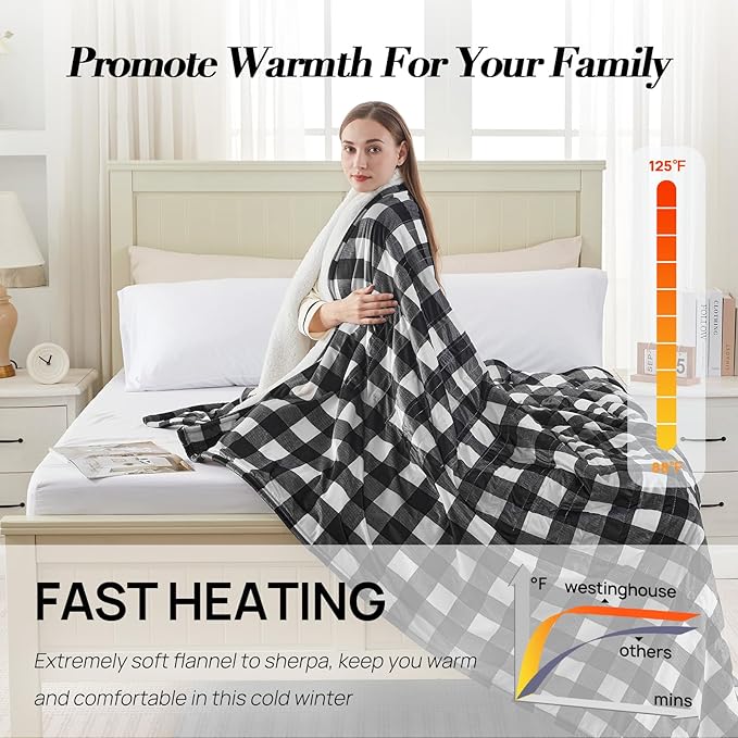 Westinghouse Full Size Heated Blanket Electric Blanket, Flannel & Sherpa Heating Blanket with10 Heating Levels & 1 to 12 Hours Heating Time Settings, Fast Heating Blanket Black Plaid, 72x84 Inches