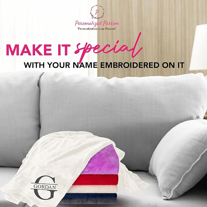 Personalized Passion Blankets with Custom Name & Initial Monogram - Super Soft and Cozy Fleece - Unisex Custom Blanket for Him and Her - 60x40 Inches - Cream