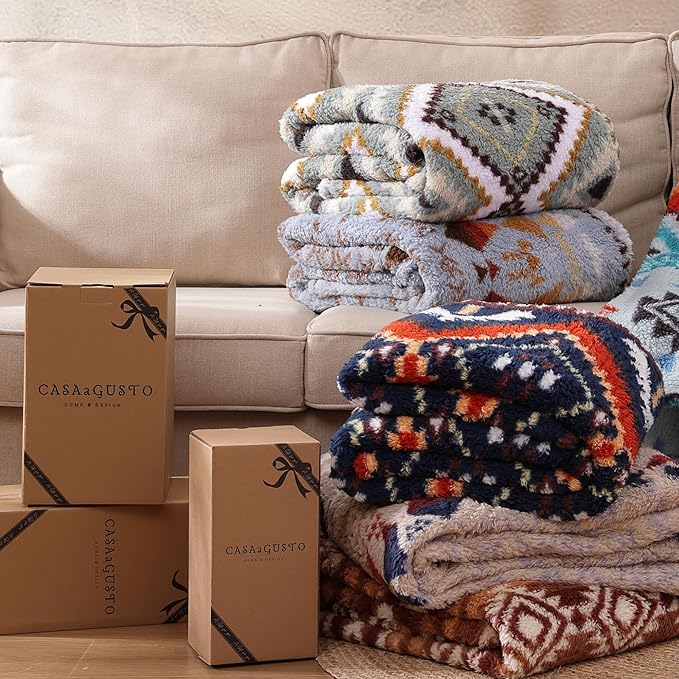CASAAGUSTO Boho Sherpa Blanket,Teal Aztec Twin Blanket, Ultra Soft, Warm, Cozy, Plush, Thick Fleece Western Blanket for Couch, Bed, Sofa (Blue Grey 60 * 80 Inch)