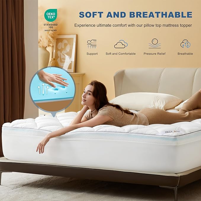 Bedlore 4-Inch King Mattress Topper for Back Pain - Dual Layer Medium Support (2" Gel Memory Foam + 2" Cooling Fluffy Pillow Top Pad), Breathable & Pressure Relief (White)