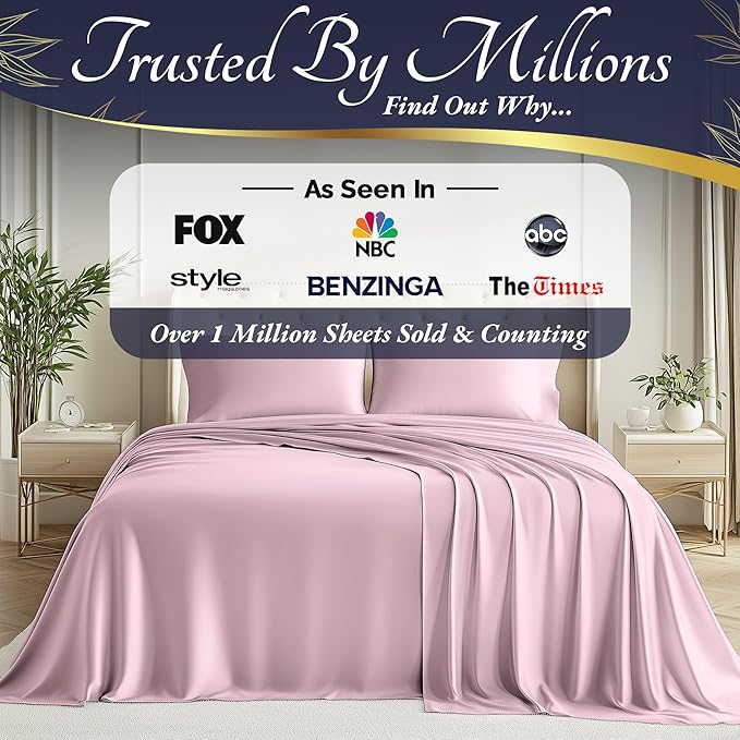 DECOLURE 100% Viscose Derived from Bamboo Sheets Queen Size 4pcs - Ultra Soft & Luxuriously Cooling, 17" Deep Pocket, Double Stitching, Perfect for Hot Sleepers - Queen Bed Sheets (Light Pink)