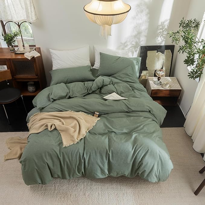 FOSSA Duvet Cover Set 100% Washed Cotton Linen Feel Super Soft Breathable Cozy Simple Style 3 Pieces Bedding Sets Solid Heathered Green Super King Plus