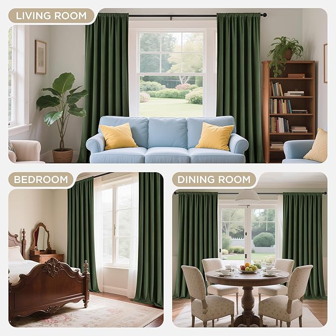 Joydeco Olive Green 100% Blackout Curtains 96 Inch 2 Panels, Luxury Thermal Green Velvet Curtains for Bedroom Living Room, Soundproof Blackout Window Drapes, Rod Pocket & Back Tab (52W x 96L)