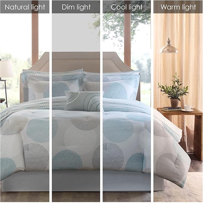 Madison Park Essentials Bed in a Bag Comforter, Vibrant Color Design All Season Down Alternative Cover with Complete Cotton Sheet Set, Twin(68"x86"), Knowles, Circular Aqua, 7 Piece