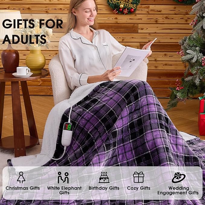 OCTROT Heated Blanket Electric, Twin Size 62X84, Heating Blanket with 10 Heating Levels & 8 Hours Auto Off, Purple Checkered Plaid Sherpa Blankets Warmer for Adults, Fast Heating and Washable