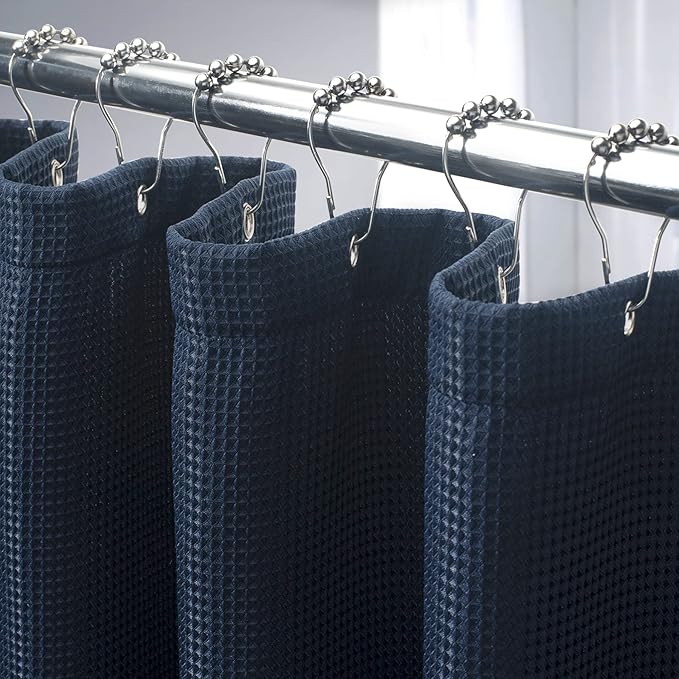 AmazerBath Waffle Shower Curtain, Navy Blue Fabric Shower Curtain with Waffle Weave, Heavy Duty Hotel Quality, 72 x 72 Inches