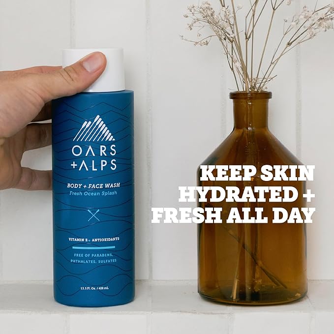 Oars + Alps Body Wash for Men, Mens Body Wash with Vitamin E and Antioxidants, Moisturizing, Hydrating, Paraben & Sulfate Free Cleanser, Fresh Ocean Splash, 1pk