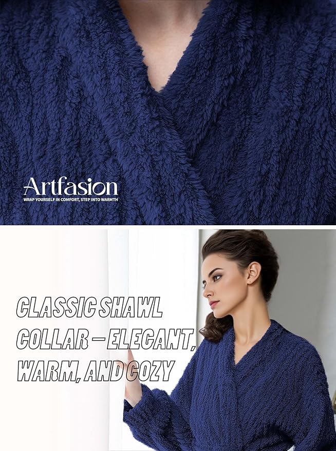 Artfasion Womens Long Fleece Robe - Warm Soft Floor Length Flannel Bathrobes for Winter Thicker Long House Coat with Pockets