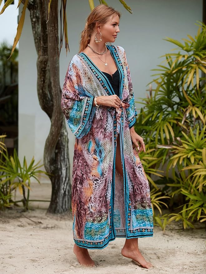 Women Casual Open Front Lightweight Cardigan Long Beach Kimono Cover Up