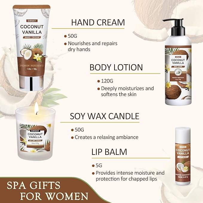 Christmas Gifts For Women - 16 PCS Gift Basket for Women Set of Coconut Vanilla Self Pampering Set, Includes Luxurious Home Spa Shower Gel Bubble Bath