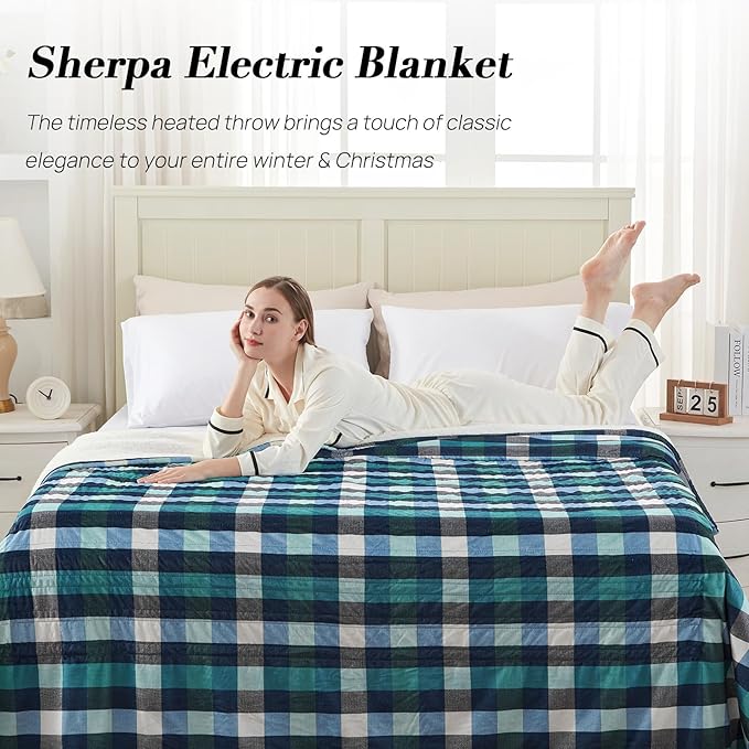 Westinghouse Electric Blanket Queen Size, Soft Flannel to Sherpa Heated Blanket with Dual Control 10 Heating Levels & 1 to 12 Hours Auto-Off, Machine Washable, Fast Heating, 84 * 90 Inch, Green