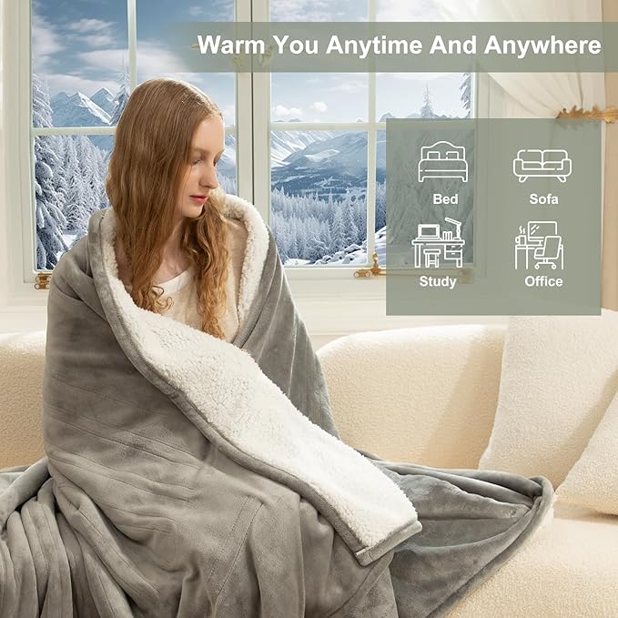 Heated Blanket Full Size - 72" x 84" Electric Blanket Full with Fast Heating, 10 Timer Settings, 6 Heat Settings, Washable Flannel Sherpa Heating Blanket, Overheat Protection, Grey