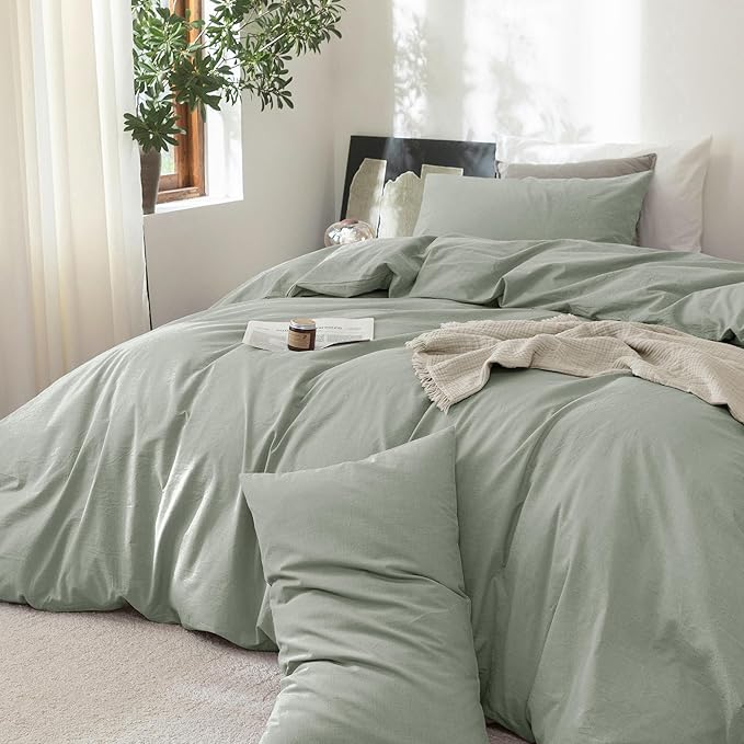 FOSSA Duvet Cover Set 100% Washed Cotton Linen Feel Super Soft Breathable Cozy 3 Pieces Bedding Sets Solid Sage Green Oversized Queen