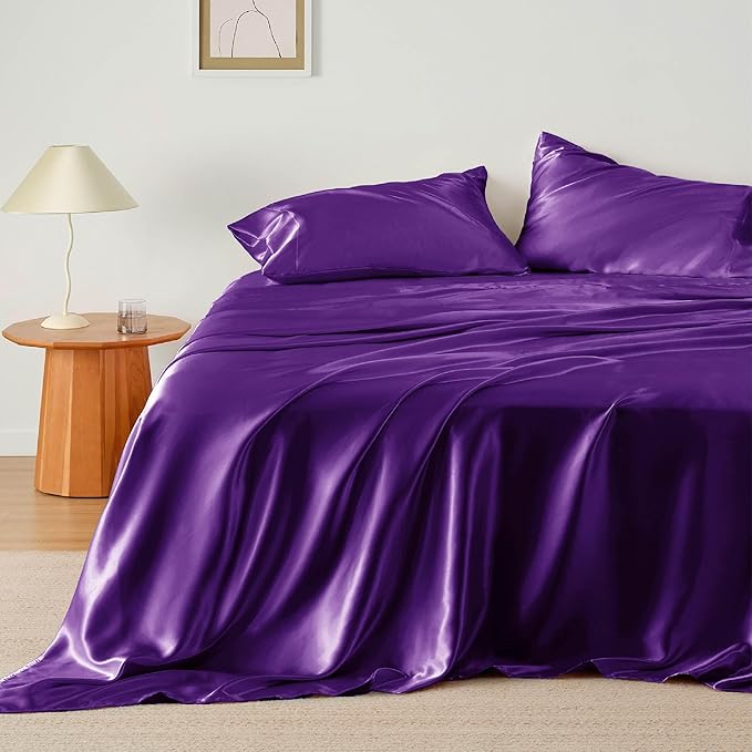 Bedsure Satin Sheets Full Size - 4 Piece Silky Bedsheets with 15 Inches Deep Pocket Fitted Bedsheet,1 Flat Sheet, 2 Satin Pillowcases, Good for Hair & Skin (Full, Purple)